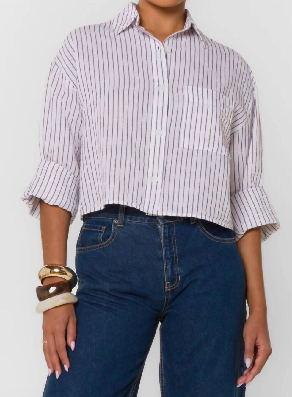 NEW VELVET HEART cuffed sleeve crop shirt in white